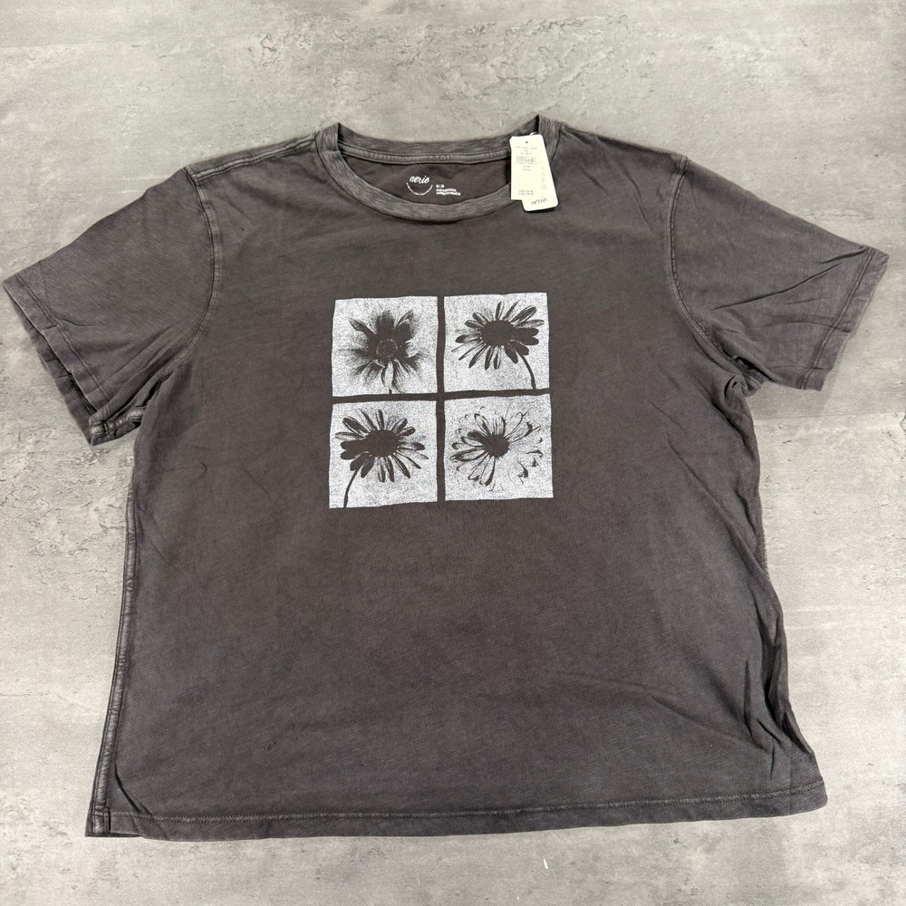 Aerie T-Shirt Womens M Charcoal Grey Flower Floral Graphic Mineral Wash NEW